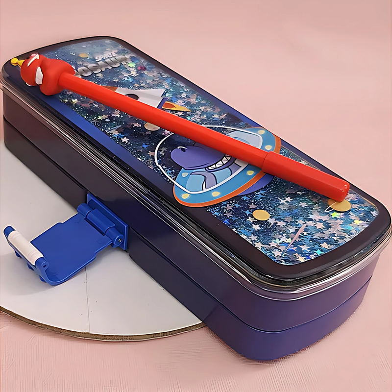 Cartoon Printed Double Compartment Pencil Case With Pen For Kids