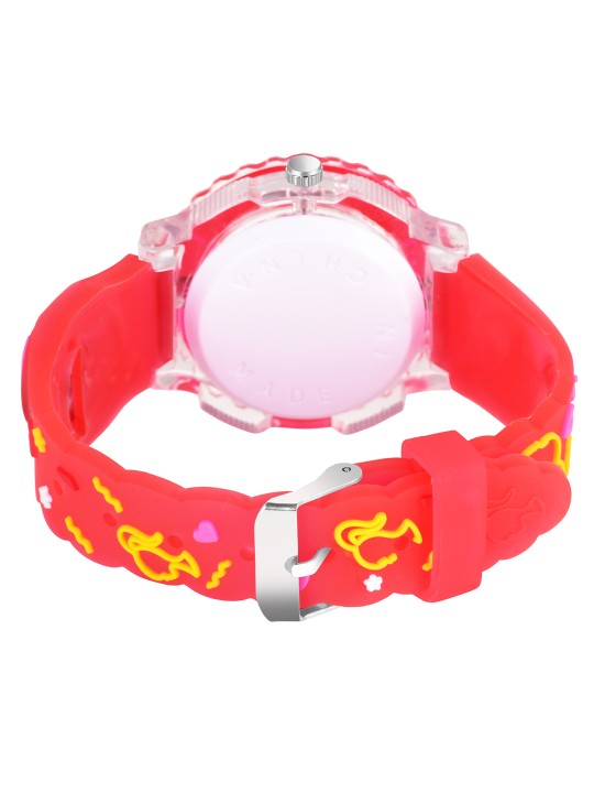 Girls Patterned LED Dial & Red Silicon Strap Analogue Watch - Barbie Red