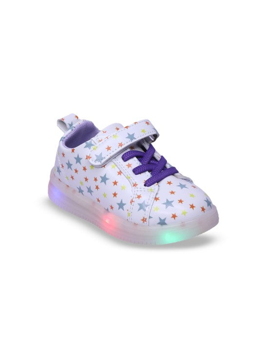 Unisex Kids Printed PU Sneakers – White with Velcro and Western Embellishments