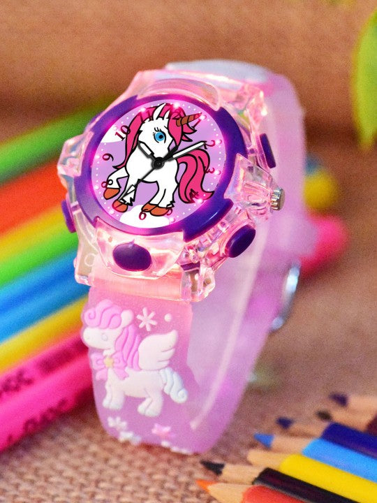 Kids Girls Printed LED Dial & Silicon Strap Analogue Watch - Purple Unicorn