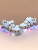 Unisex Kids Printed PU Sneakers with LED Lights – Brown with Velcro Fastening