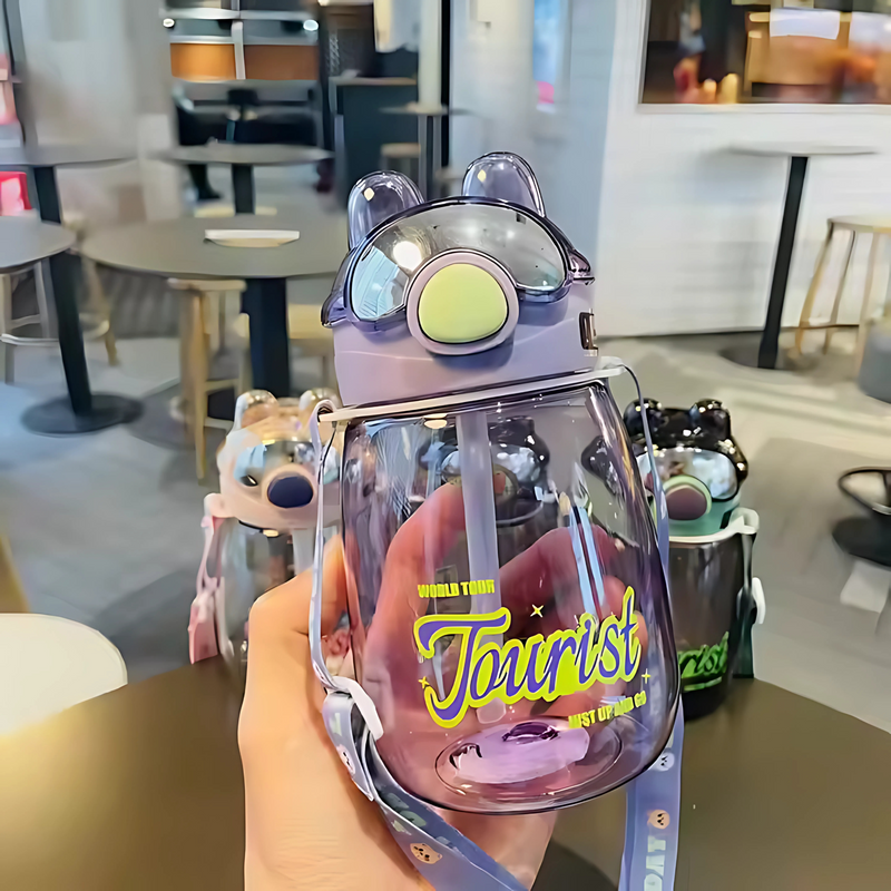 Leak-Proof Cartoon Water Bottle with Straw & Shoulder Strap – 550ml