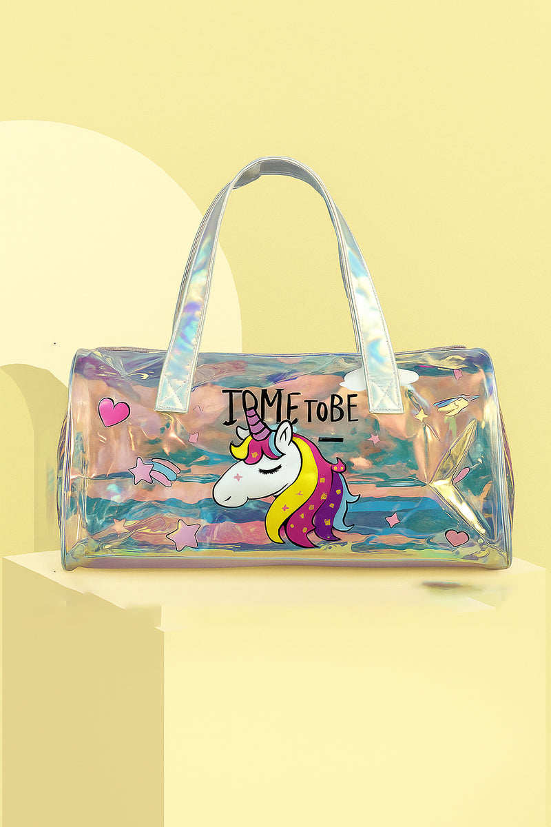 Holographic Unicorn Print Duffel Bag for Girls – Stylish, Lightweight & Trendy Travel Tote | Magical Unicorn Holographic Travel Bag for Girls – Glittery Rainbow Duffel with Cartoon Print