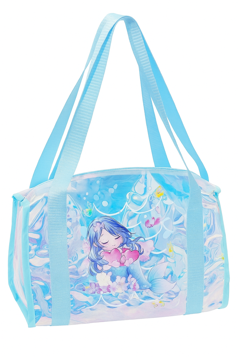 Kids Transparent Iridescent PVC Tote Bag | Cute Cartoon Print | Waterproof Lightweight Shoulder Bag for Girls