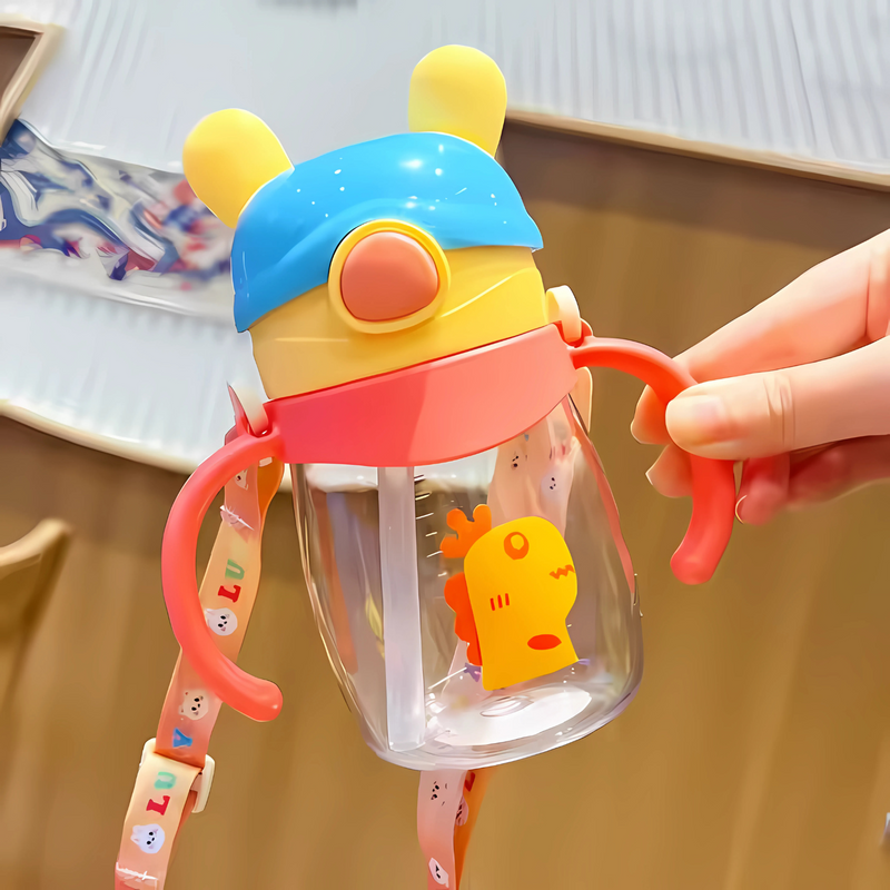 Cute Bear Shaped Cap Water Bottle with Straw & Shoulder Strap – 400ml