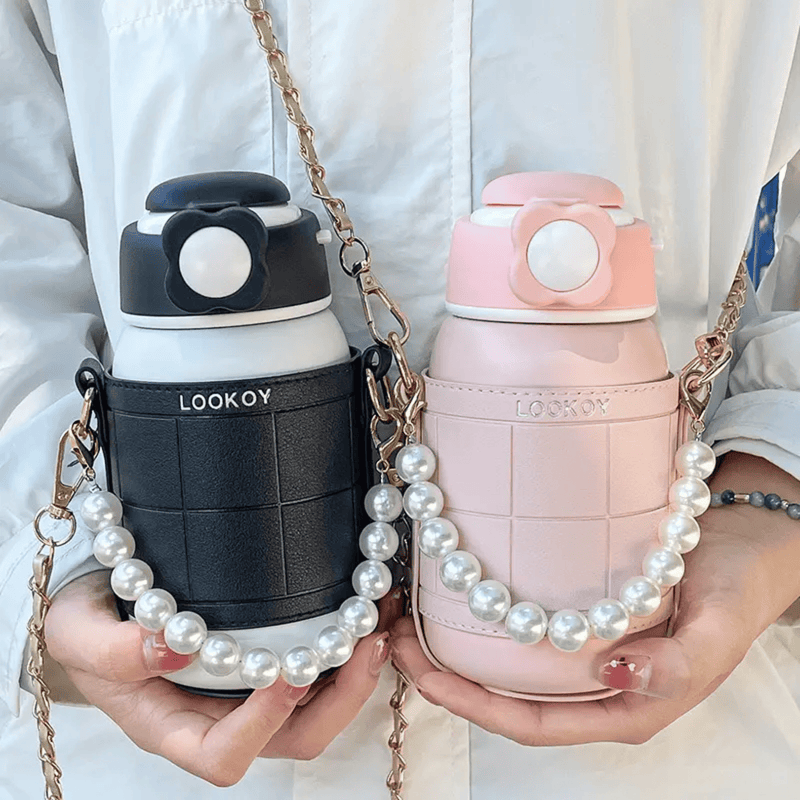 Elegant Looking Water Bottle - Stylish Pearl Necklace Connected with Adjustable Strip - 480ml - Pack of 1