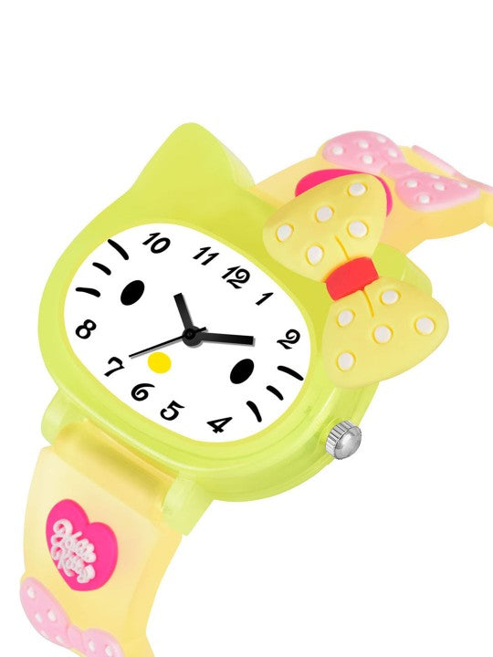 Girls Printed Dial & Yellow Silicon Strap Analogue Watch - Yellow Kitty