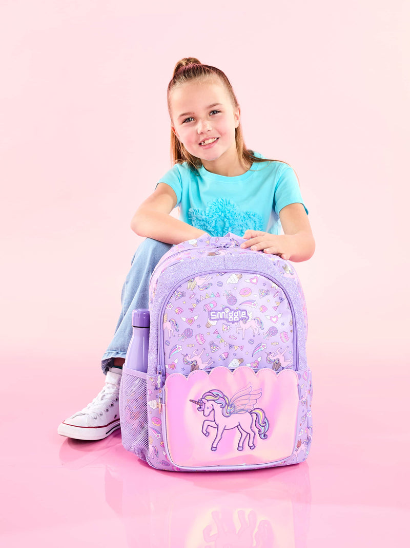 ✨ Smiggle Fun Fair Classic Backpack - Unicorn Applique, 17.8L, Pearlescent Finish & Glitter Details 🎠