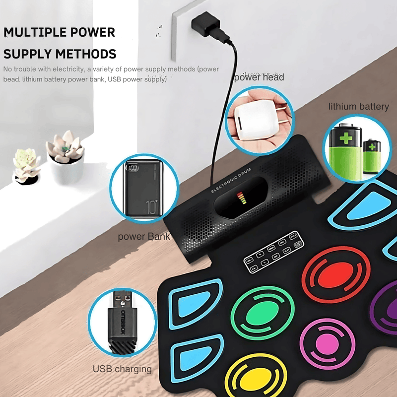 Digital Electronic Drums | 11 Pads, 5 Tones, 3 Rhythms - Portable Roll-Up Drum Set with Foot Pedals & Drumsticks for All Ages