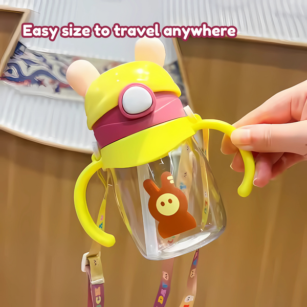 Cute Bear Shaped Cap Water Bottle with Straw & Shoulder Strap – 400ml