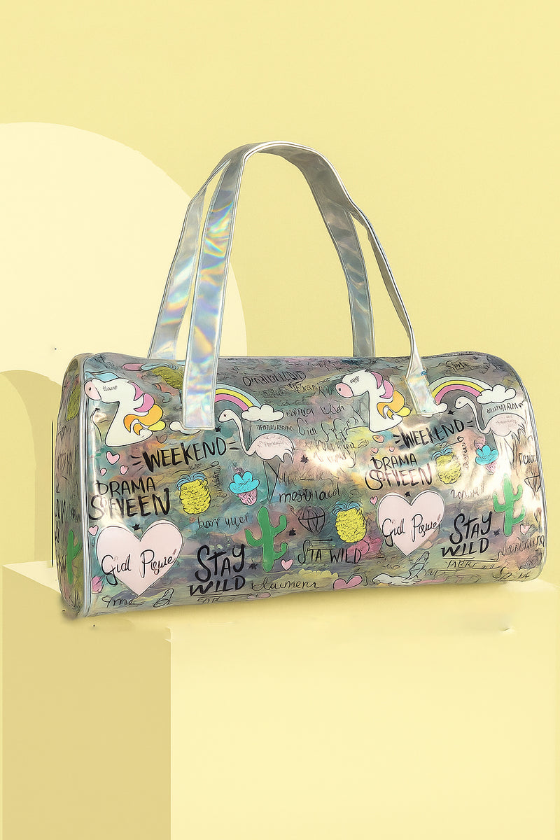 Holographic Unicorn Print Duffel Bag for Girls – Stylish, Lightweight & Trendy Travel Tote | Magical Unicorn Holographic Travel Bag for Girls – Glittery Rainbow Duffel with Cartoon Print