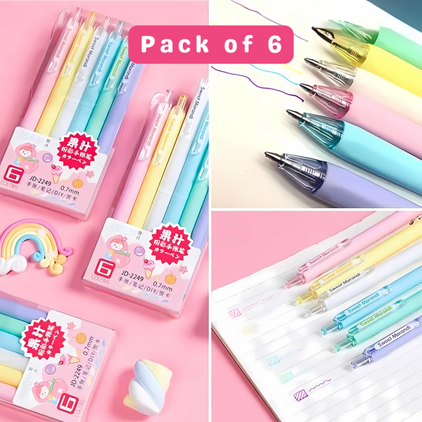 Retractable Colourful Pens for Kids, 0.7mm Stationery Gel Pen Set for Girls & Boys - Pack of 6