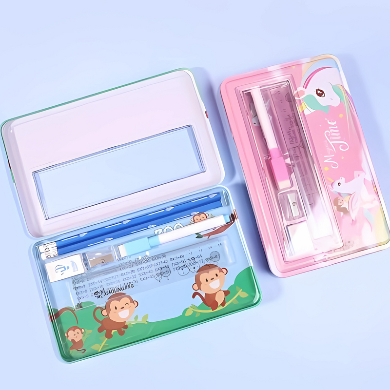 Double Layer Metal Pencil Case With Stationery Set For Kids (Pack of 1)