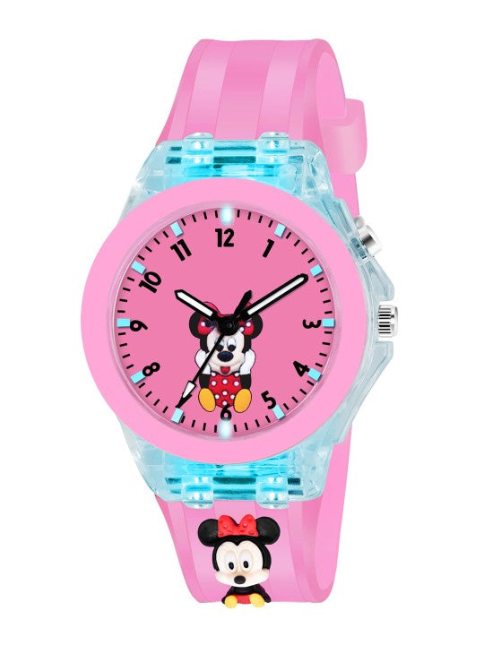 Printed Dial & Straps Scratch Resistant Analogue Watch LED Minnie Pink Colour