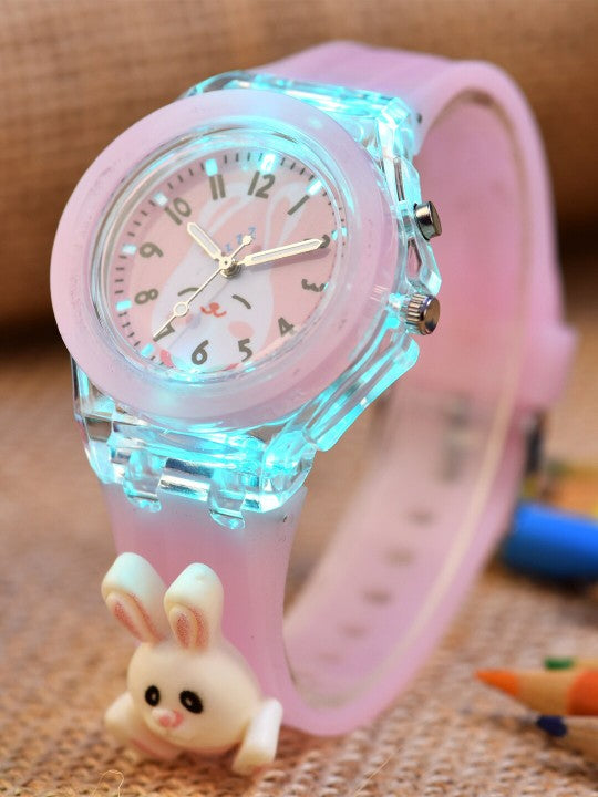 Kids Printed Dial & Straps Scratch Resistant Analogue Watch LED Rabbit Pink Colour