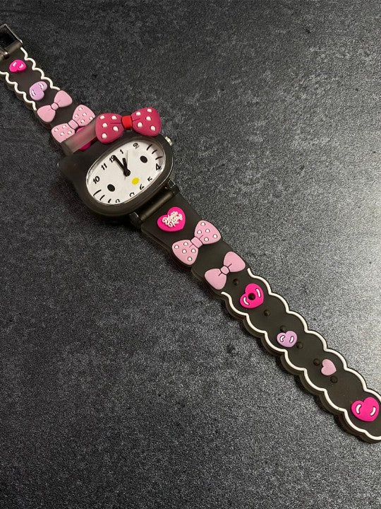 Girls Printed Dial & Straps Analogue Watch Black Kitty