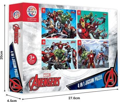 4-in-1 Marvel Avengers Solo Characters Jigsaw Puzzle (Hulk, Iron Man, Thor, Captain America) - 140 Pieces for Kids