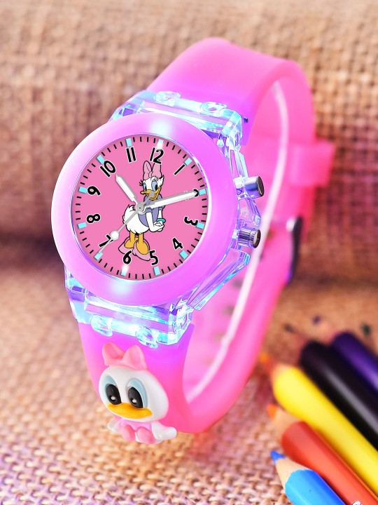 Kids Cartoon Printed LED Backlight Digital Multi Function Watch Pink Duck