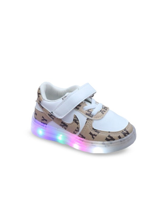 Unisex Kids Printed PU Sneakers with LED Lights – Brown with Velcro Fastening