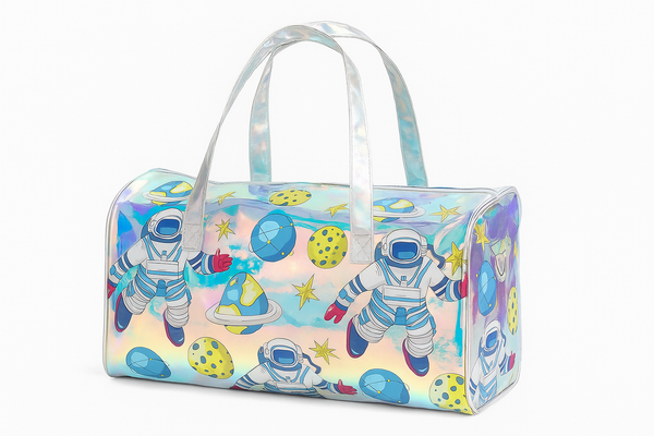 Holographic Unicorn Print Duffel Bag for Girls – Stylish, Lightweight & Trendy Travel Tote | Magical Unicorn Holographic Travel Bag for Girls – Glittery Rainbow Duffel with Cartoon Print