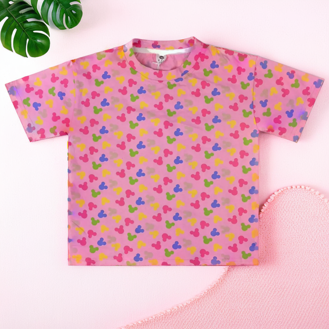 Mickey Mouse Print Pink T-Shirt & Shorts Set for Girls