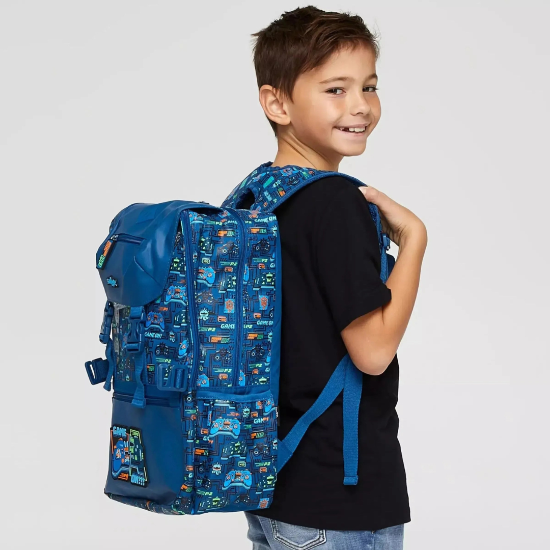 🎮 Smiggle “Game On” Foldover Backpack – Blue | Limitless Collection | 22L
