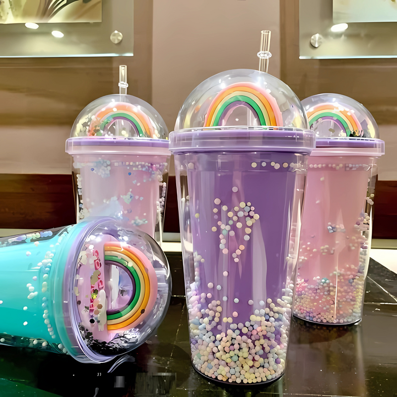 Rainbow Design Printed Sipper Bottle with Straw – Glitter Mason Jar Tumbler for Girls