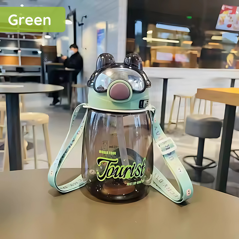 Leak-Proof Cartoon Water Bottle with Straw & Shoulder Strap – 550ml