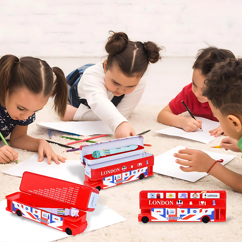 Double Decker Bus Shaped Metal Compass Box with Moving Tyres and Sharpener for Kids