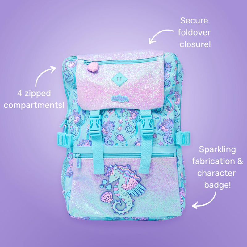 🧜‍♀️ Smiggle Foldover Backpack – Teal Glitter Seahorse Edition | 18" | 22L | Ages 3+