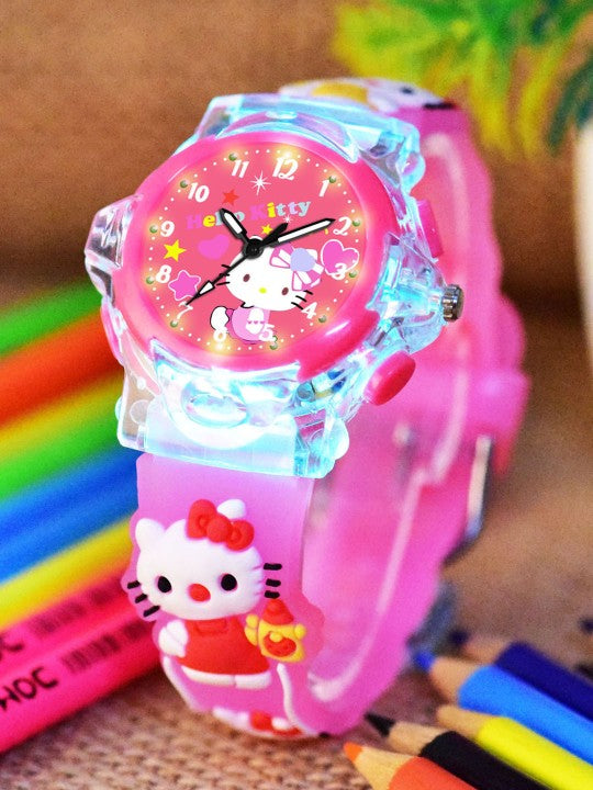 Girls Printed Dial & Pink Silicon Strap Analogue Watch - Kitty Pink