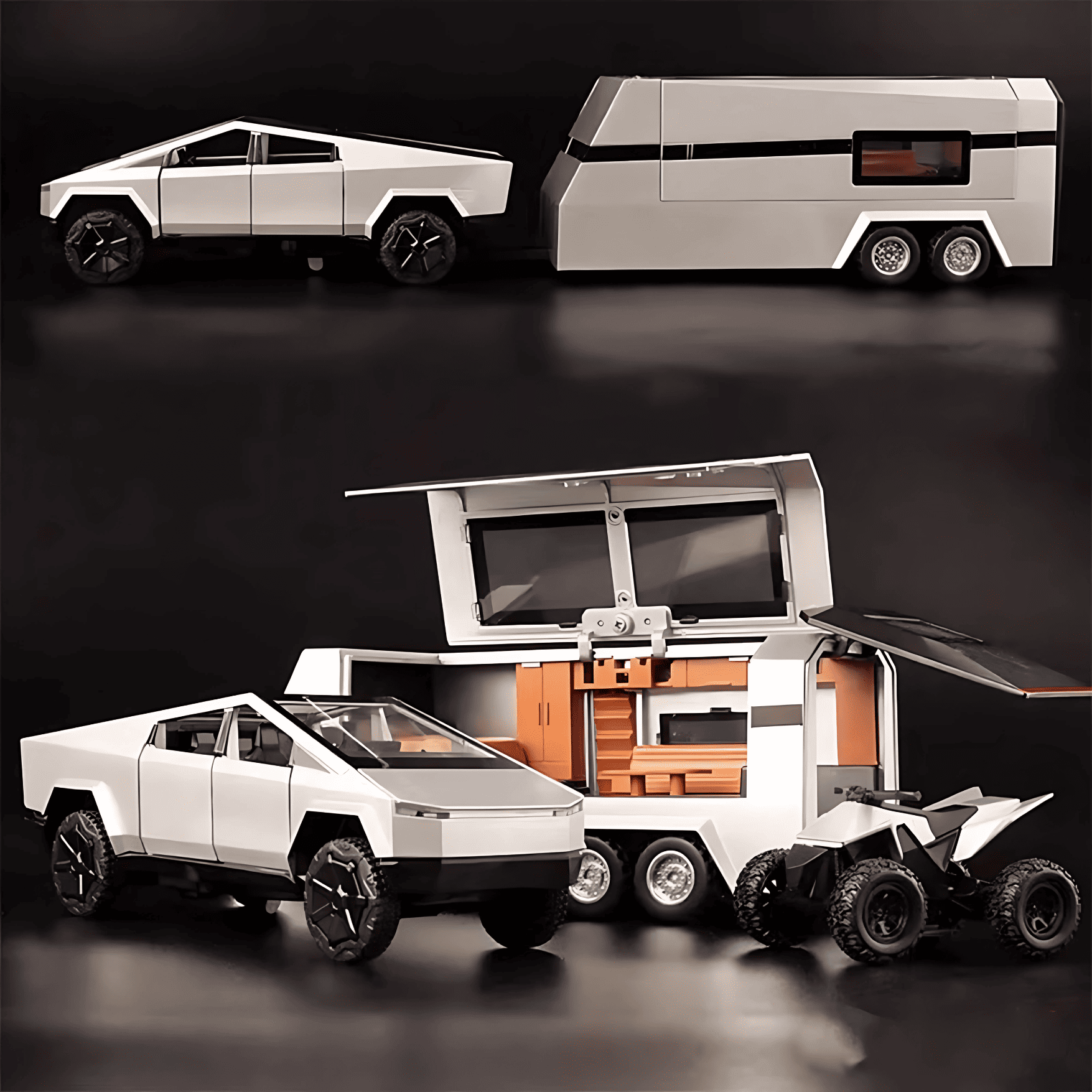 Cybertruck Toy Trucks with RV Motorcycle Cybertquad Alloy Die-cast Model Car Pickup Truck 1/32 Toy Race Cars with Sound and Light - 6+ AGE