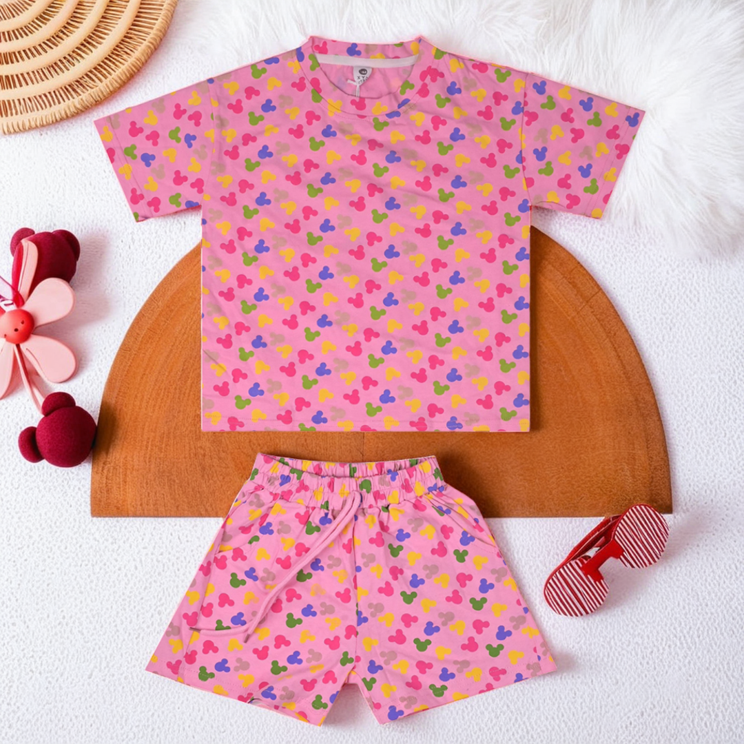 Mickey Mouse Print Pink T-Shirt & Shorts Set for Girls