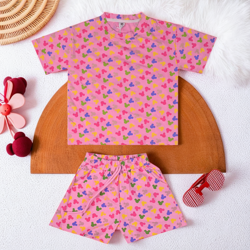 Mickey Mouse Print Pink T-Shirt & Shorts Set for Girls