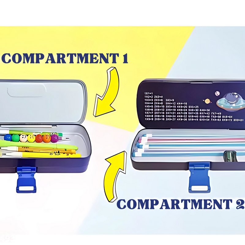 Cartoon Printed Double Compartment Pencil Case With Pen For Kids