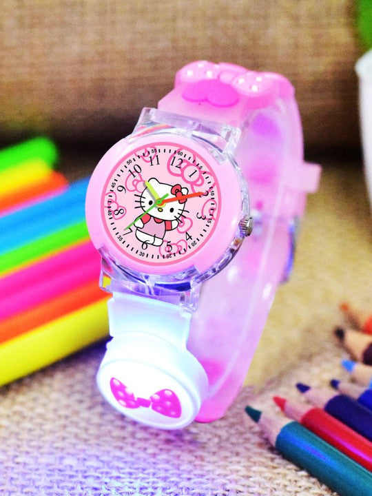 Kids - Girls Patterned LED Dial & Straps Analogue Watch Kitty Pink