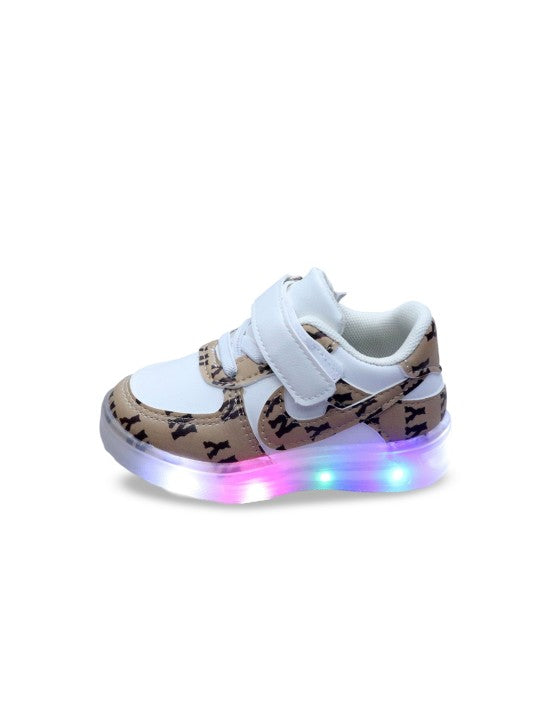 Unisex Kids Printed PU Sneakers with LED Lights – Brown with Velcro Fastening