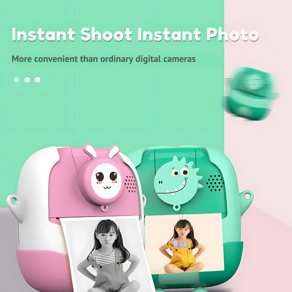 Instant Digital Camera with Printer for Kids - Green Dinosaur Design, 24MP, 2.0" Screen, AI Features, Built-in Games, and Photo Printing