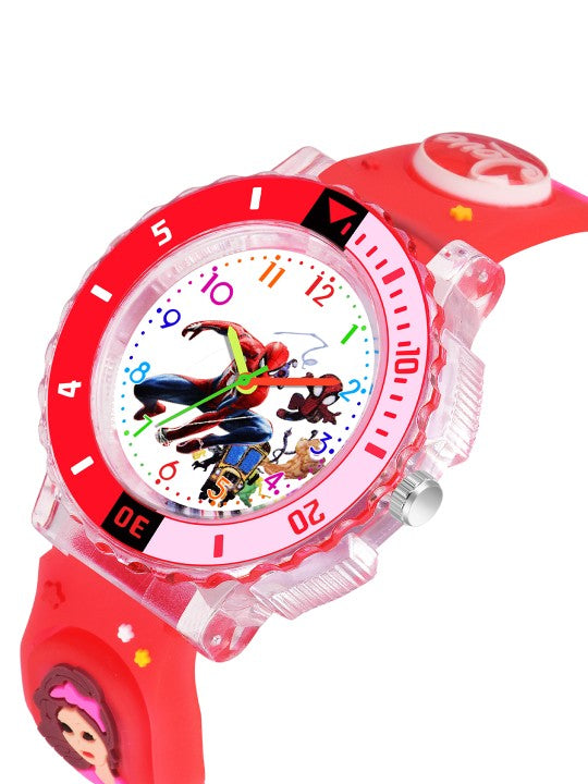 Girls Patterned LED Dial & Red Silicon Strap Analogue Watch - Barbie Red