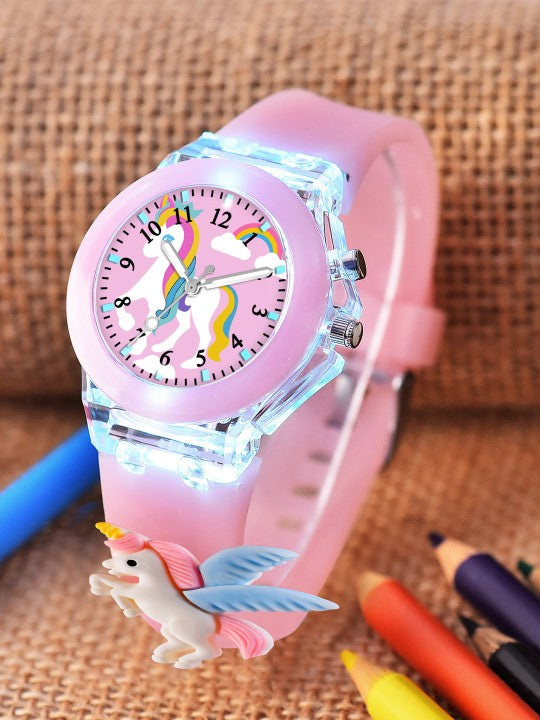 Kids Cartoon Printed LED Backlight Digital Multi Function Watch Light Pink