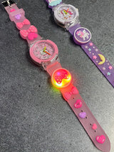 Kids - Girls Patterned LED Dial & Straps Analogue Watch Kitty Pink