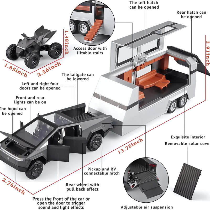 Cybertruck Toy Trucks with RV Motorcycle Cybertquad Alloy Die-cast Model Car Pickup Truck 1/32 Toy Race Cars with Sound and Light - 6+ AGE