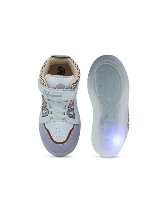 Kids Colourblocked Comfort Insole Sneakers with LED Lights – White, Lavender & Beige