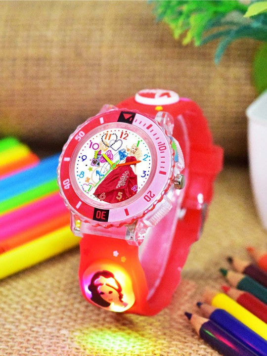 Girls Patterned LED Dial & Red Silicon Strap Analogue Watch - Barbie Red