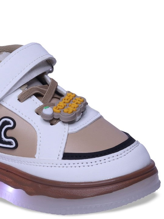 Unisex Kids Printed PU Sneakers - Beige with Velcro Fastening