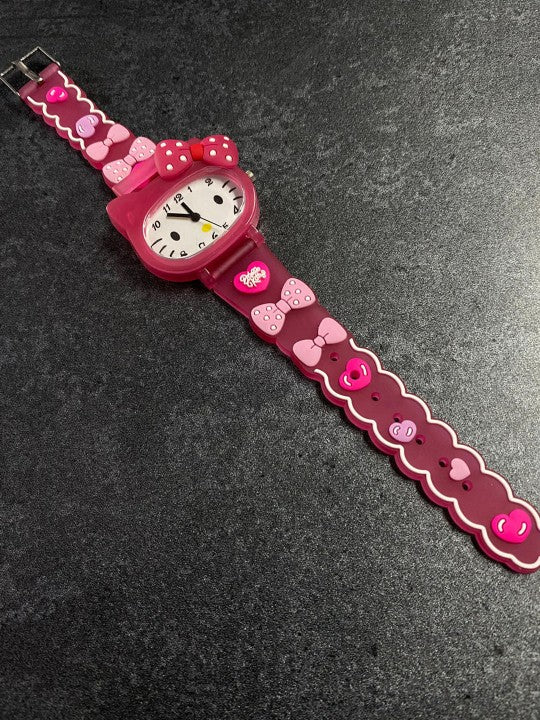 Girls Printed Dial & Straps Analogue Watch - DarkPink Kitty