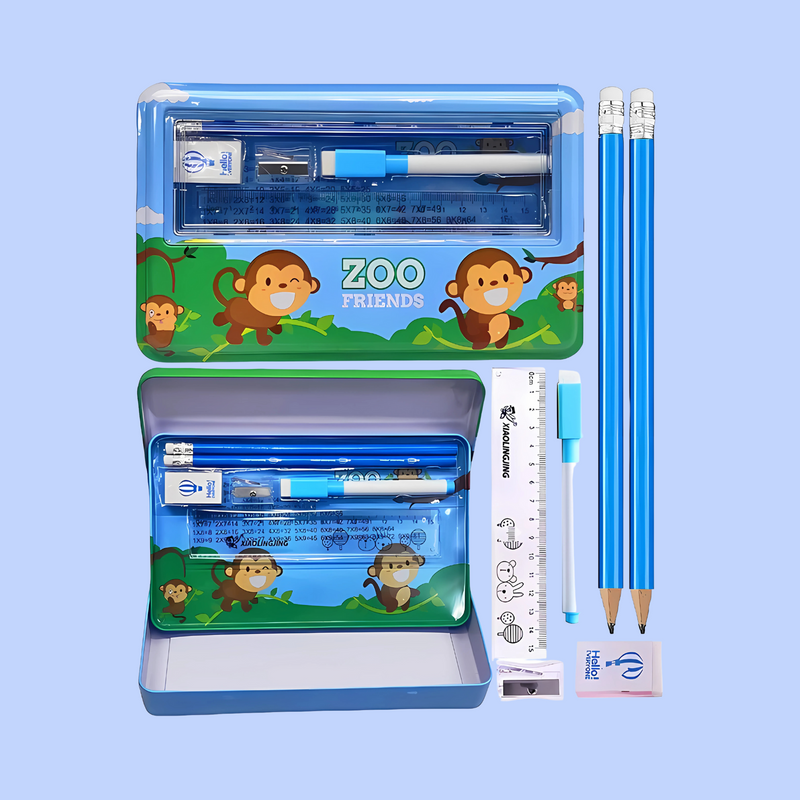 Double Layer Metal Pencil Case With Stationery Set For Kids (Pack of 1)