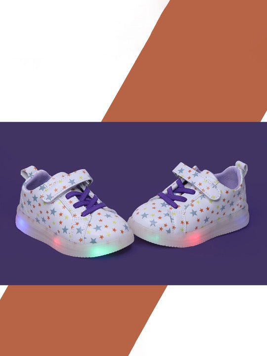 Unisex Kids Printed PU Sneakers – White with Velcro and Western Embellishments