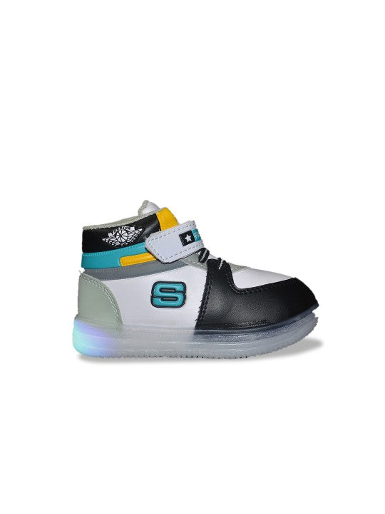 Kids Colourblocked Round Toe LED Sneakers – Black, White & Blue