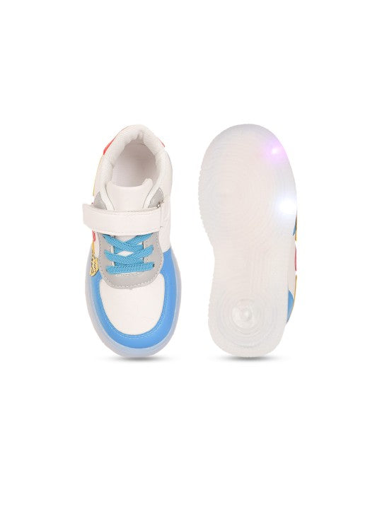 Kids Colourblocked LED Velcro Sneakers – White, Blue & Red